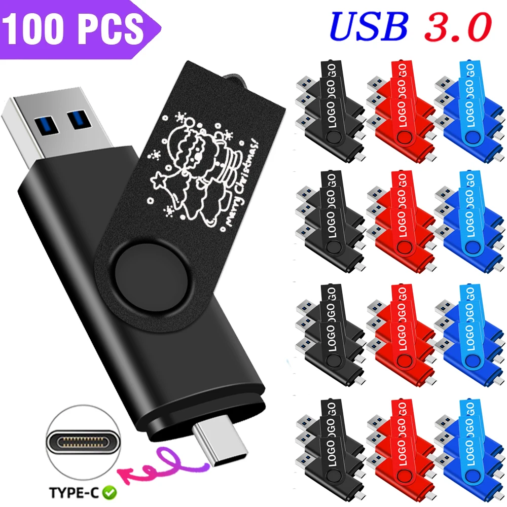 100 Uds TYPE-C unidad Flash USB3.0 128GB regalos de navidad Pen Drive 64GB logotipo personalizado gratis memoria Stick 32G capacidad Real U disco 16G