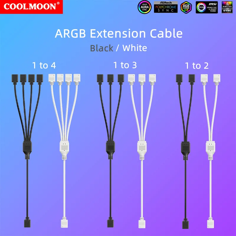 COOLMOON blanco 30CM 5V 3Pin ARGB Cable de extensión adaptador 1 a 1 2 3 4 divisor para ventilador placa base AURA RGB LED sincronización para MSI ASUS - imagen 4