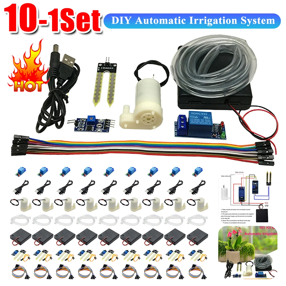 1-10Set módulo de riego automático Kit DIY Kit de riego automático Sensor de humedad del suelo Mini bomba de agua manguera de 50cm para Arduino