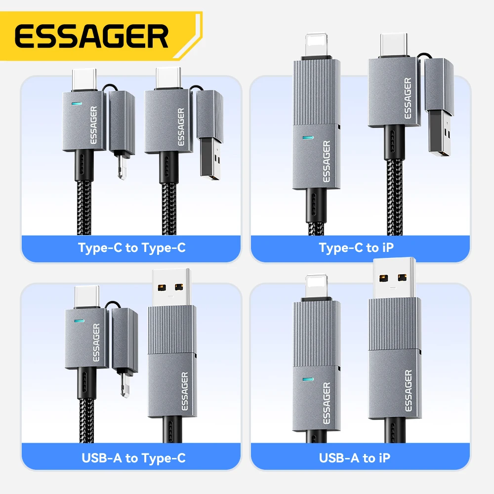 Essager Cable de carga rápida 4 en 1 de 240W para iPhone17 16 15 Pro Max Macbook iPad Xiaomi Samsung Macbook Cable USB tipo C a USB C - imagen 4
