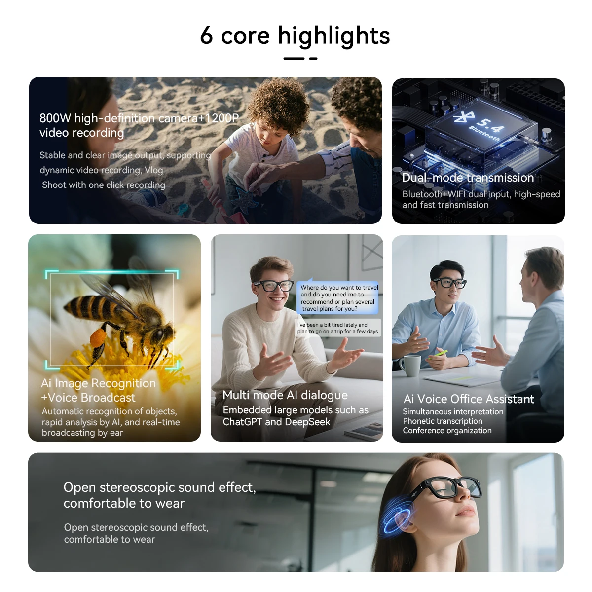 Gafas inteligentes Blackview BV100, cámara HD, Bluetooth 5,4, batería de 220 mAh, altavoces de graves estéreo, micrófono con cancelación de ruido, detección de desgaste - imagen 3