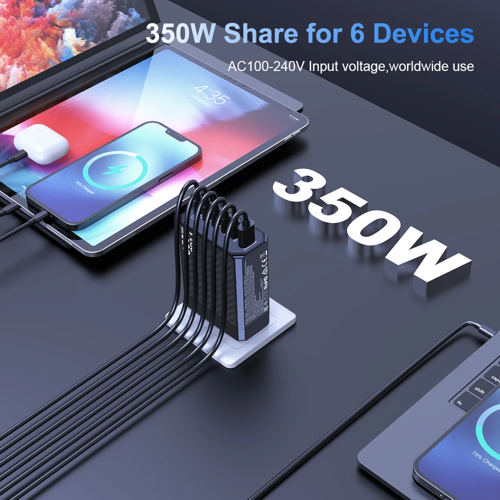 Cargador PD3.1 de 350W, estación de carga rápida de escritorio GaN3, adaptador de corriente USB tipo C PD PPS de 140W para MacBook Pro de 16 pulgadas, Samsung iPhone 15 - imagen 3