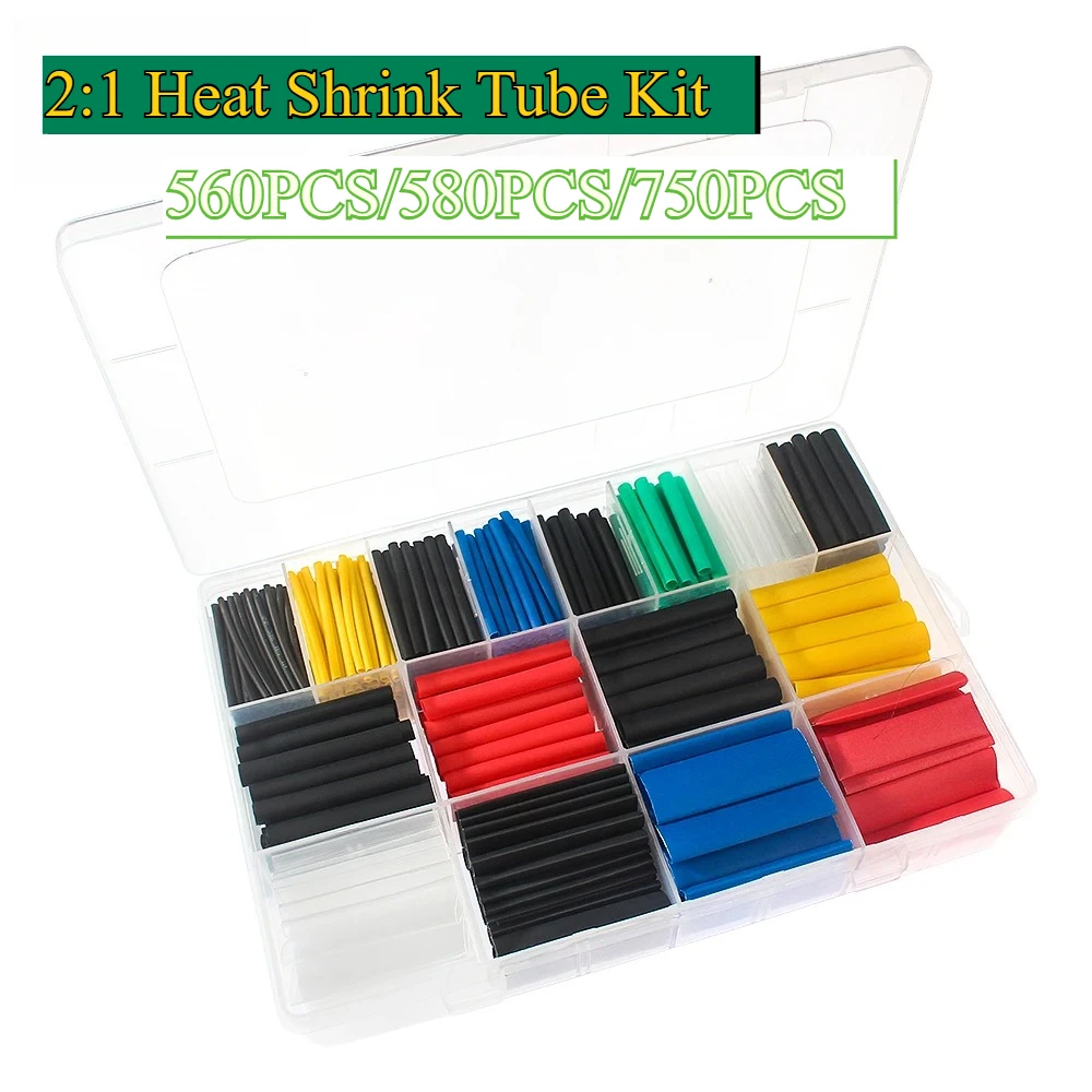 560/580/750 Uds 2:1 Tubo termorretráctil surtido de manguitos de aislamiento de poliolefina Kit de tubos de envoltura de manguito de Cable