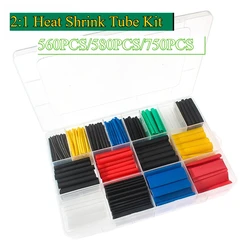 560/580/750 Uds 2:1 Tubo termorretráctil surtido de manguitos de aislamiento de poliolefina Kit de tubos de envoltura de manguito de Cable