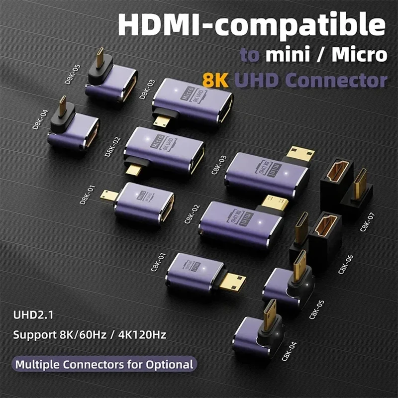 Adaptador Compatible con HDMI 90 270 grados ángulo recto macho a hembra 8K HD conector Mini/Micro MicroHDMI MINIHDMI 8K/4k @ 60HZ HDTV