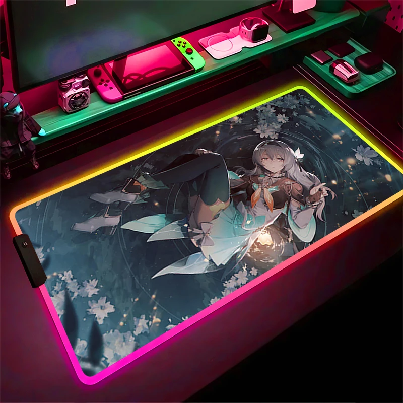 Alfombrilla de ratón LED RGB, alfombrilla de teclado HD, alfombrilla antideslizante para tableta de Anime h-honkai Star Rail Firefly, accesorios para PC, alfombrilla para ratón, alfombrilla de escritorio para juegos - imagen 5
