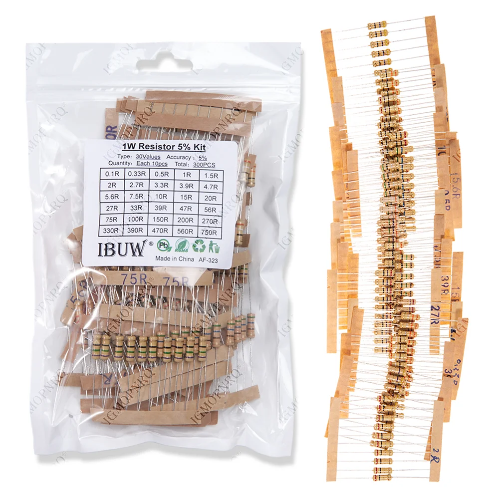 Hjxrhgal-Kit de resistencia de película de carbono, 1W, 300, 30 valores X 10 unidades, 5%-0,1 ohm
