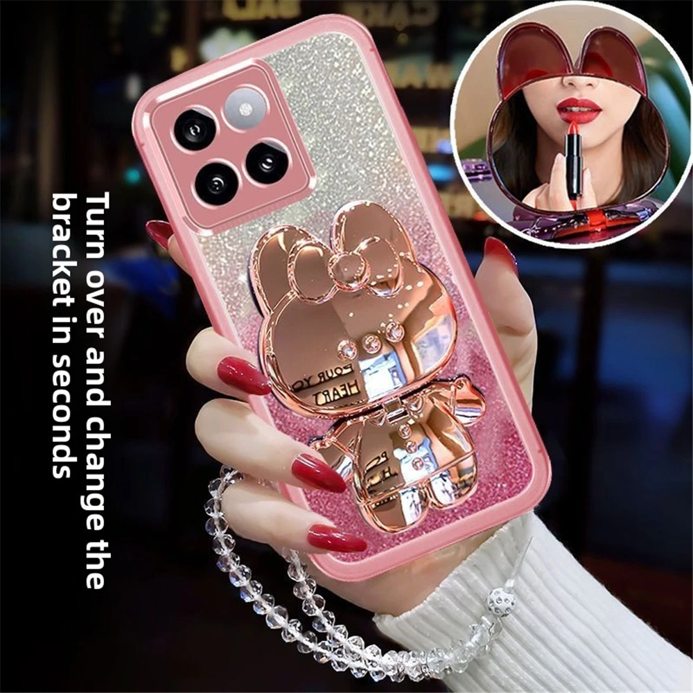Pulsera de cristal con purpurina, funda con soporte de espejo de conejo para Xiaomi 14T Pro 13T 12T 11T 13 12 Lite 12S 12X, funda de teléfono de silicona suave - imagen 2