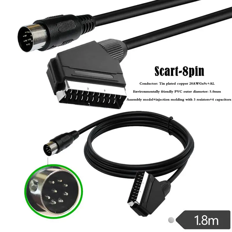 Cable de cabeza de escoba estándar europeo de cobre estañado de 1,8 m, consola de juegos, cabezal de escoba, SCART a Cable de Audio RGB DIN 8P grande
