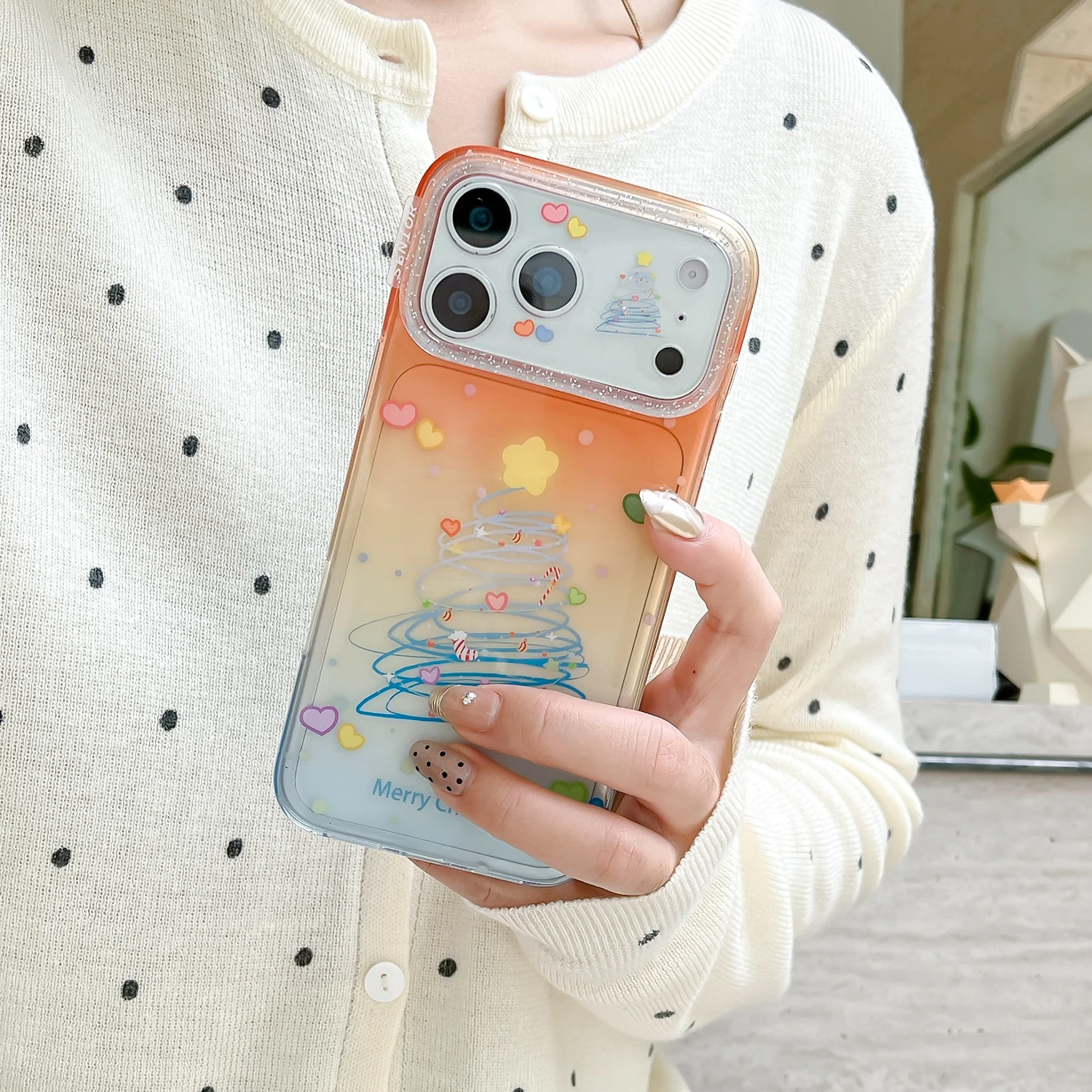 IMD moda corazón línea arte árbol de Navidad patrón teléfono caso para iPhone 14 15 16 17 Pro Max chica a prueba de golpes suave contraportada - imagen 5