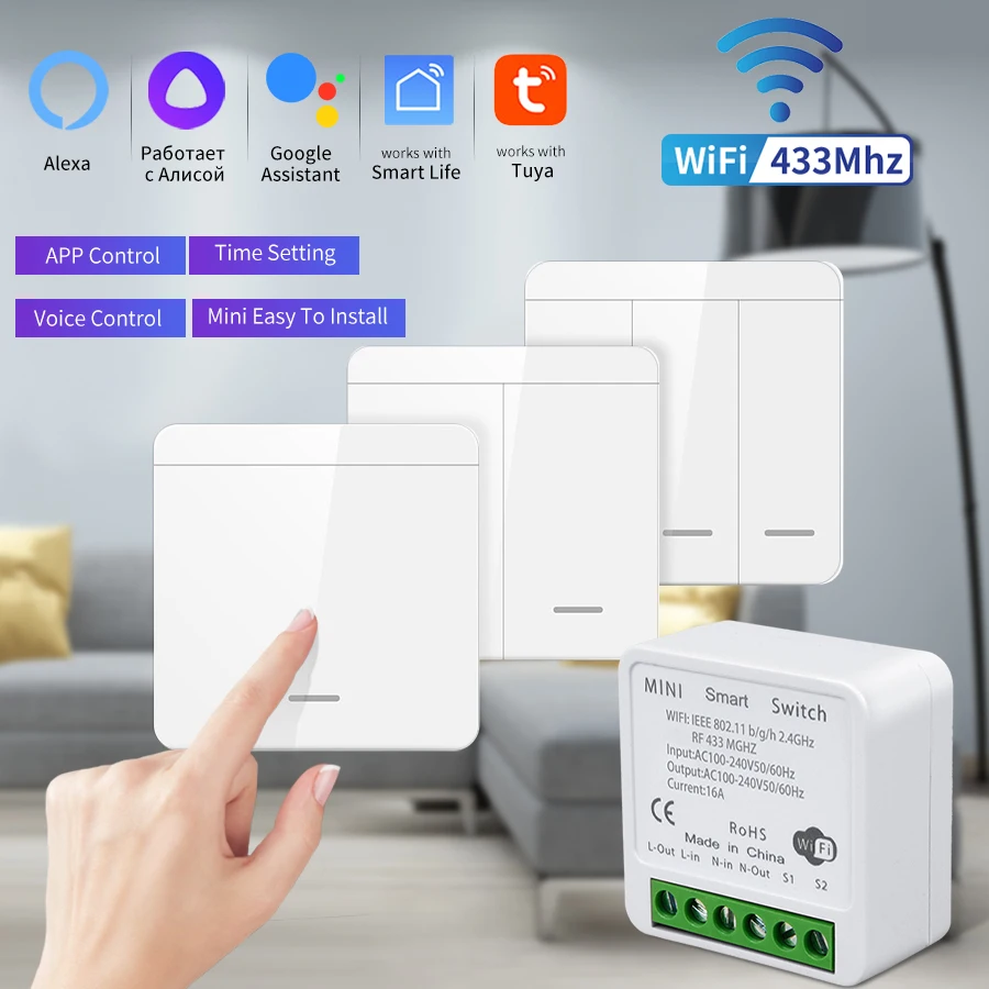 Tuya-interruptor inteligente WiFi para iluminación RF, dispositivo inalámbrico de 433MHz, Control por voz, funciona con Alexa, Google Home y Alice
