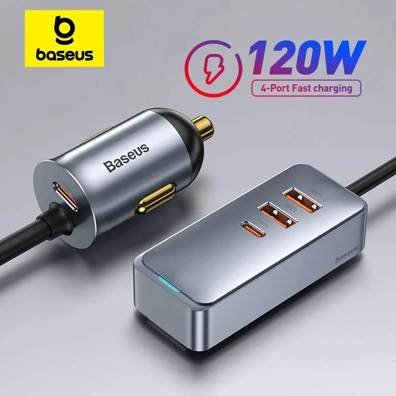 Baseus 120W 4 puertos PD cargador de coche cargador rápido QC 3,0 PD 3,0 para iPhone 14 13 12 Samsung tipo C cargador USB cargador de teléfono USB