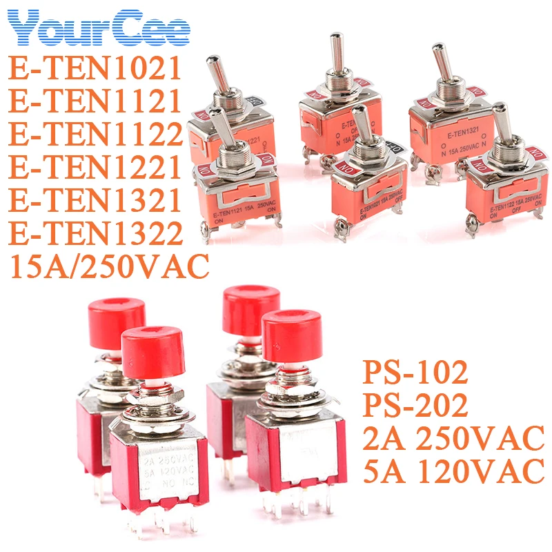 PS-102 PS-202 Mini 6mm 3pin 6pin interruptor de palanca SPDT DPDT interruptor de botón momentáneo 2A 250VAC 5A 120VAC E-TEN1 15A 2/3/4/6P
