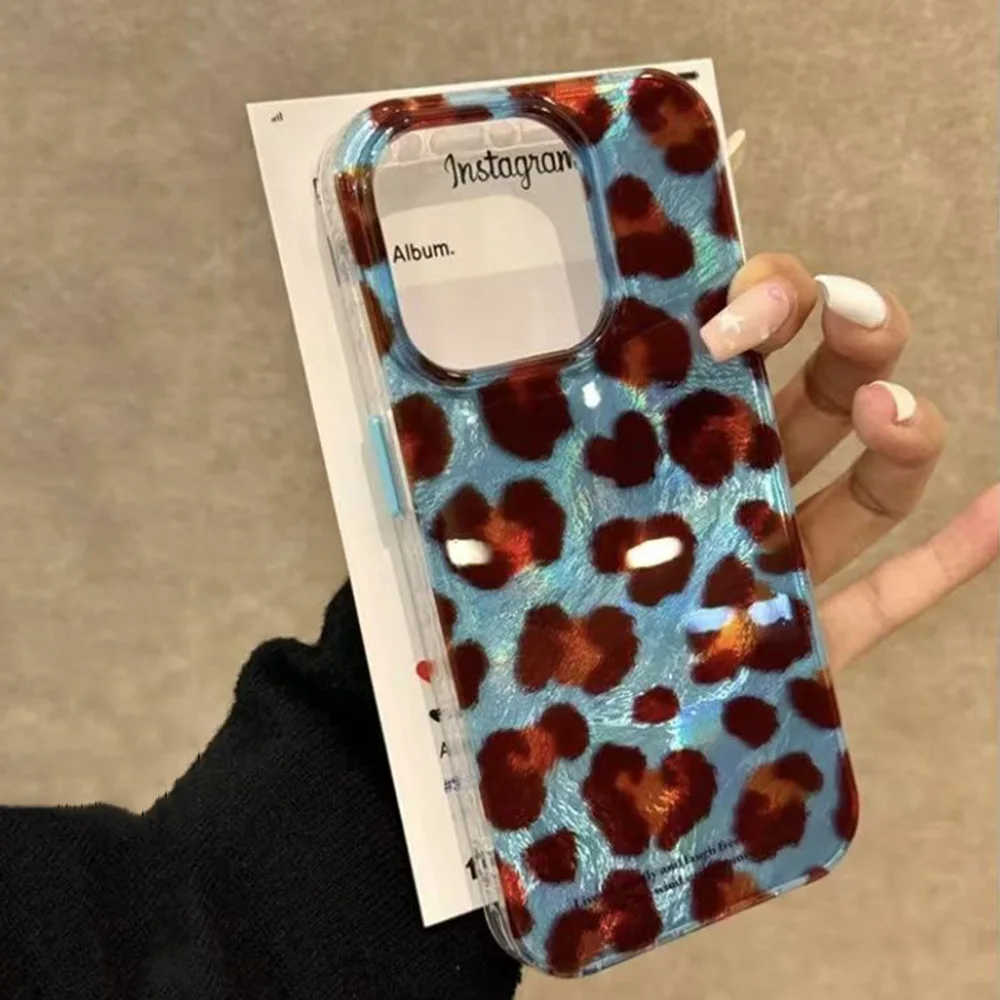 Fondo azul funda de teléfono con estampado de leopardo marrón para iPhone 16 15 14 13 12 11 Pro Max XS X XR 7 8 Plus SE 2022 cubierta de parachoques transparente