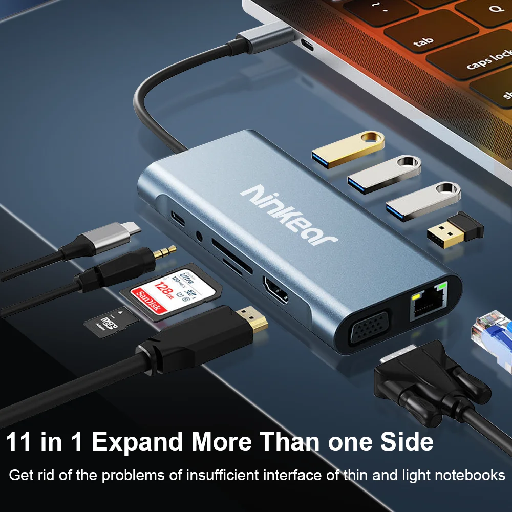 Estación de acoplamiento Ninkear 11 en 1 Resolución HD 4K 30Hz USB2.0*3 USB3.0*1 Resolución VGA 1080P /60Hz Carcasa de aleación de aluminio - imagen 3