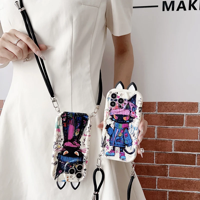 Para iPhone 16 15 14 13 12 11 Pro Xs Max Xs XR 7 8 6 Plus e SE 2020 2022 oreja graffiti gato onda caso con cuerda de soporte - imagen 3