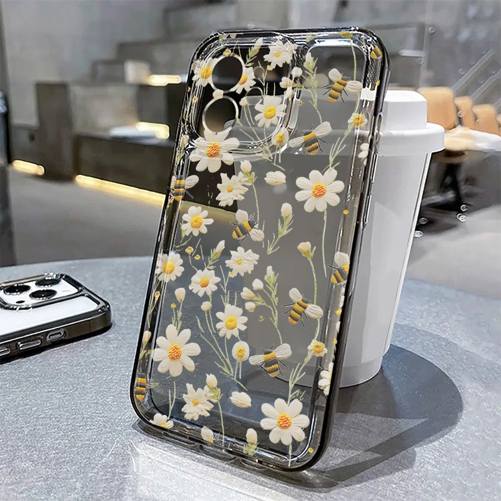 Funda de teléfono transparente con margaritas y flores para iPhone 15 16 Pro 11 12 13 14 Pro Max 16e XR XS X 7 8 Plus SE, funda suave transparente a prueba de golpes