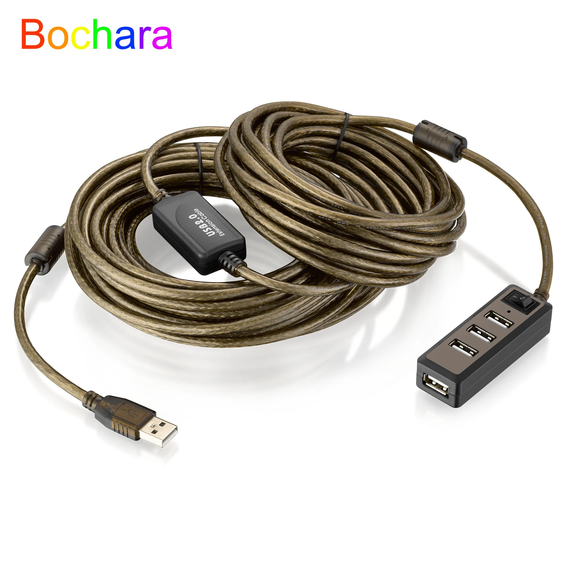 Bochara-Cable de extensión HUB USB 2,0, 4 puertos, repetidor activo macho a hembra, Chipset IC incorporado, doble blindaje, 5M, 10M, 15M