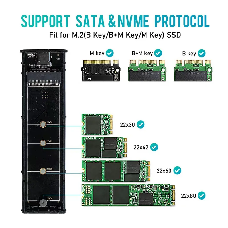 Caja de protocolo Dual M2 NVMe/NGFF SATA SSD, caja HDD de 10Gbps, SSD M.2 NVME a USB 3,0/3,1, carcasa tipo A/C, llave PCIe M/M + B KeY - imagen 2