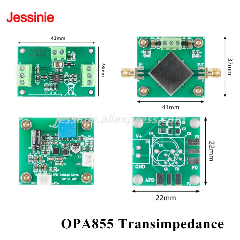Módulo amplificador de transimpedancia de alta velocidad OPA855, fotodetección APD PIN, placa de conversión TIA IV 1KV/A 10KV/A 1MV/A AD8015