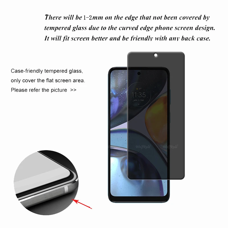 4 Uds para Moto G22 vidrio Motorola Moto G22 vidrio templado HD 9H protección de privacidad Anti-espía pegamento Protector de pantalla Moto G22 G 22 - imagen 3