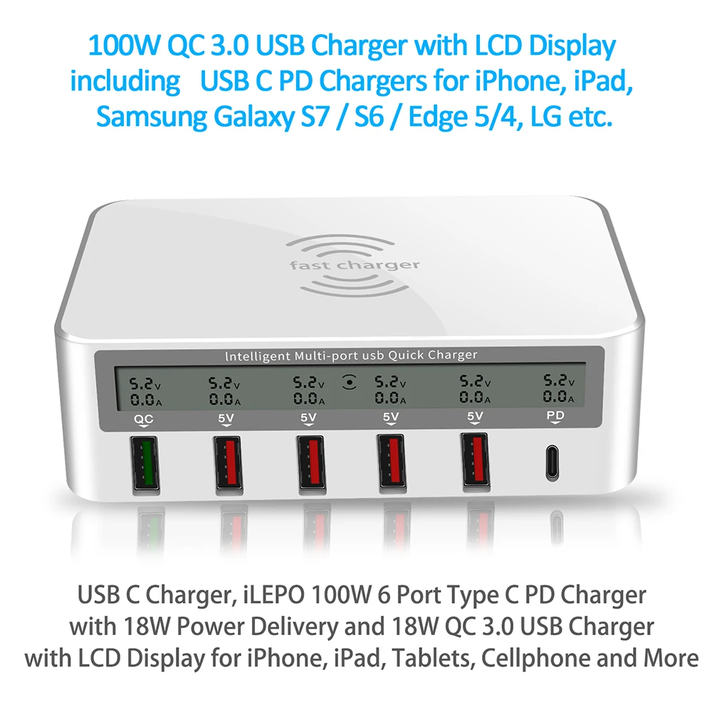Adaptador de cargador USB PD QC de 50W/100W, cargador inalámbrico, estación de carga rápida de 6 puertos para IPhone 15/14 Pro Max IPad, Samsung Huawei - imagen 2
