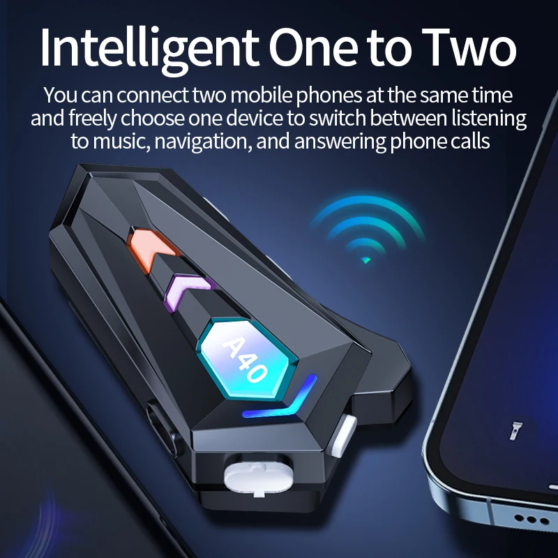 Auriculares para casco de motocicleta A40 Bluetooth V5.3 RGB luces coloridas auriculares IPX6 impermeable respuesta automática auriculares para motocicleta - imagen 3