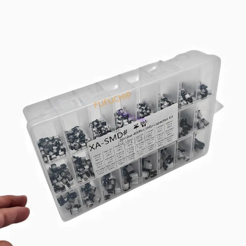 Condensadores electrolíticos de aluminio Kit surtido SMD 400 piezas 24 valores SMD 1 uF ~ 1000 uF 6,3 V-50 V 24 valores con caja - imagen 2