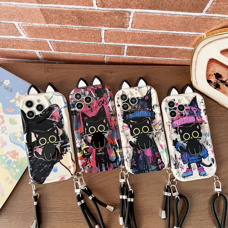 Para iPhone 16 15 14 13 12 11 Pro Xs Max Xs XR 7 8 6 Plus e SE 2020 2022 oreja graffiti gato onda caso con cuerda de soporte - imagen 2