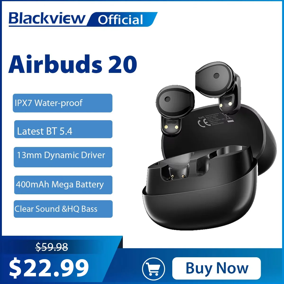 Blackview Airbuds 20 auriculares inalámbricos TWS deportes conducción de aire bajo ENC auriculares TWS con micrófono 400mAh