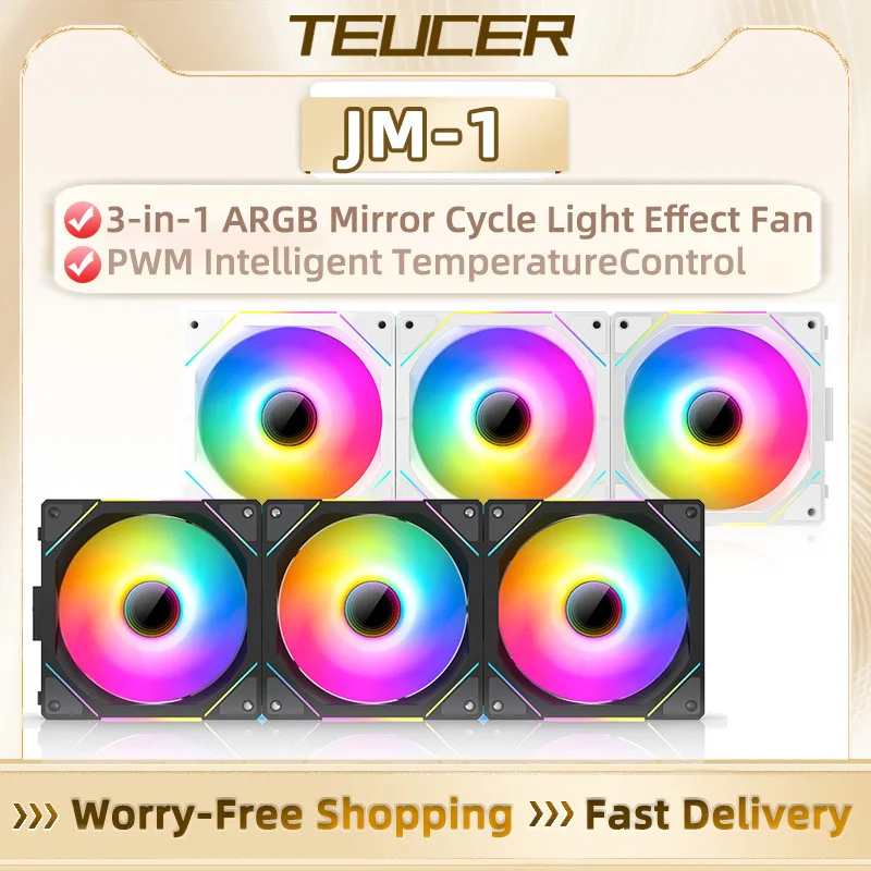 TEUCER Kit de ventilador PWM con luz de espejo cíclico ARGB de 120 mm, ventilador de bajo ruido de empalme inalámbrico de 800-2000 RPM para chasis de PC y refrigeración por agua - imagen 2