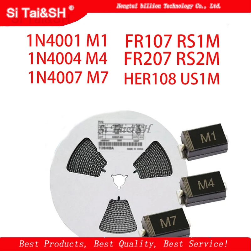 Diodo rectificador SMA 100 piezas, 1N4001, M1, 1N4004, M4, 1N4007, M7, FR107, RS1M, FR207, RS2M, HER108, US1M, SF18, ES1J, SF14, ES1D, DO-214AC - imagen 2
