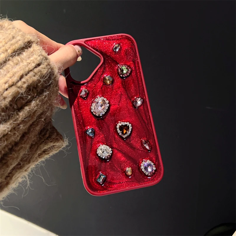 Funda de teléfono Diamond con diamantes de imitación y purpurina de lujo a la moda para iPhone 16 Pro Max 15 13 14 12 11 contraportada de silicona roja - imagen 5