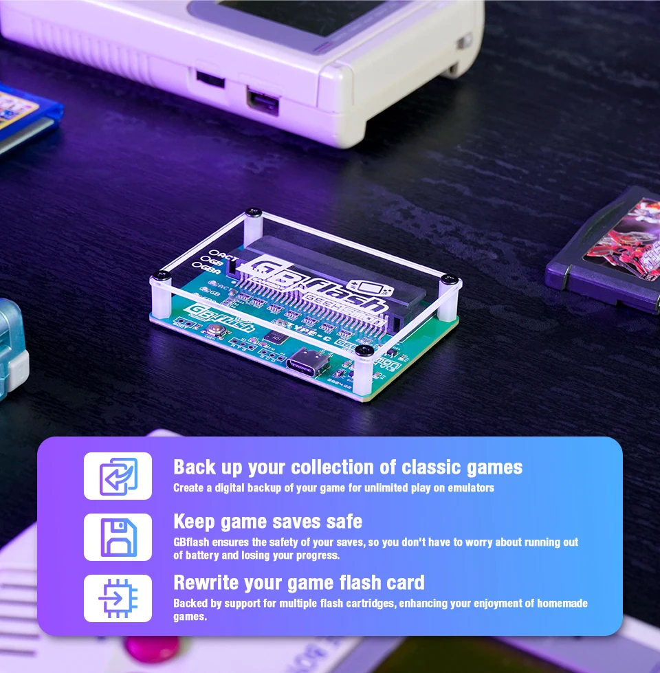 GBflash-grabador GBA/GBC mejorado, carcasa ABS, adaptador USB sin pantalla, carrito de juegos GB y Cable de datos tipo C, nueva actualización, carcasa de repuesto - imagen 4