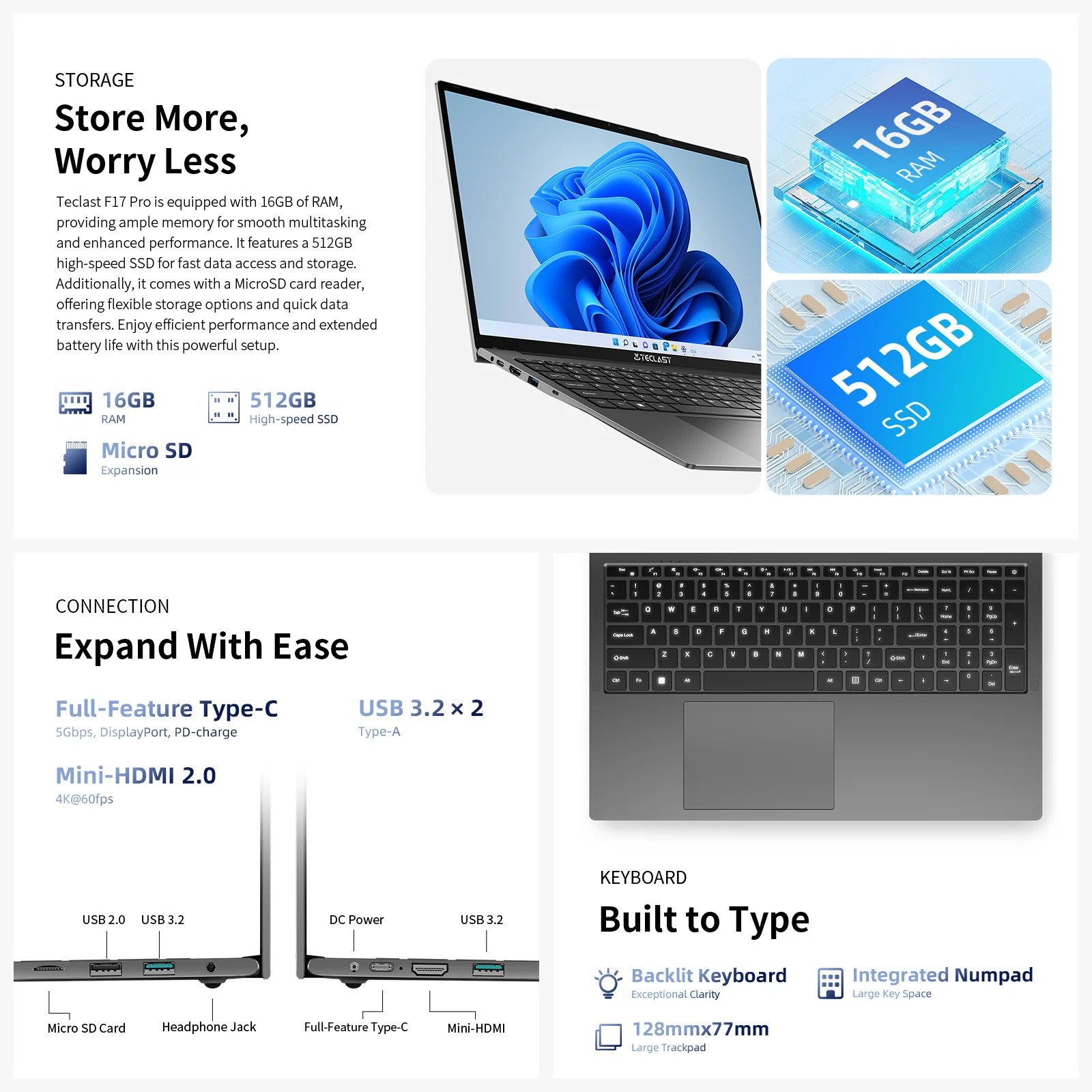 Teclast F17Pro 17,3" Portátil Intel i5-1030NG7 16GB RAM 512GB SSD Windows 11 180 ° Teclado retroiluminado para portátil mini-HDMI F17 Pro - imagen 5