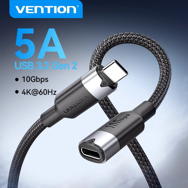 Vention 100W Cable USB C carga rápida 5A tipo USB C 3,2 Gen 2 Cable de extensión 10Gbps 4K @ 60HZ Cable de extensión de vídeo para ordenador portátil