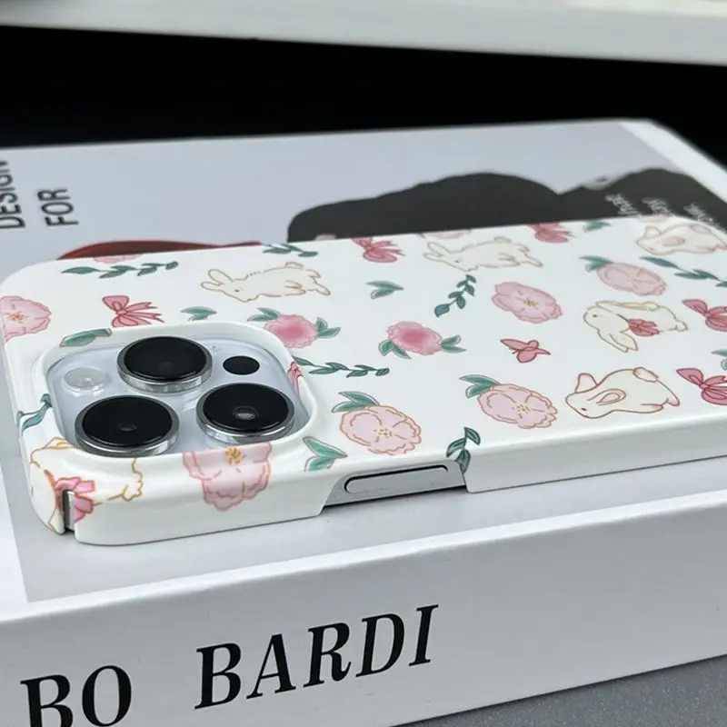 Funda de teléfono con lazo y flores de conejo para iPhone 16 15 14 13 12 11 Pro Max XS XR XSMax 6 7 8 Plus, cubierta dura HD brillante - imagen 3