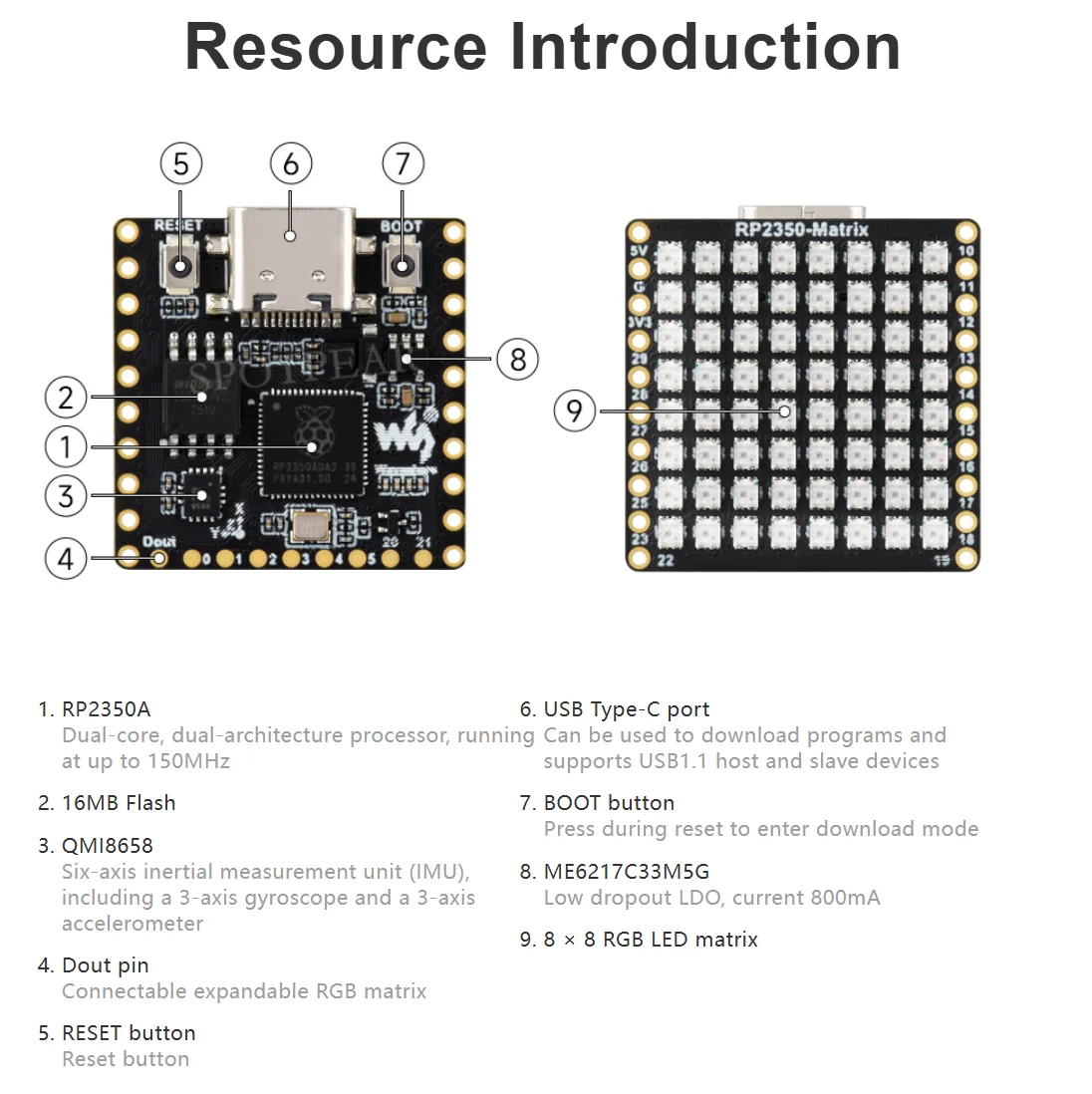 Placa de desarrollo de matriz RP2350, matriz LED RGB 8 × 8 QMI8658, Sensor de 6 ejes, chip microcontrolador RP2350A - imagen 5