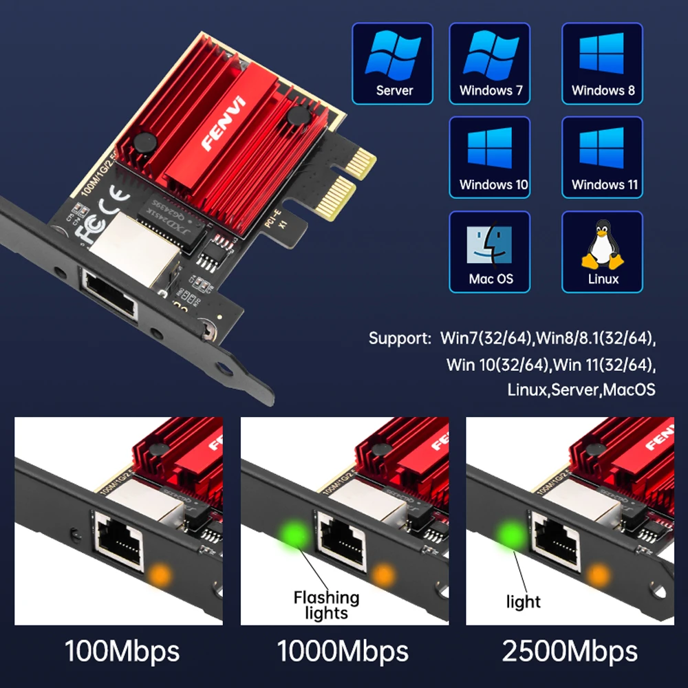 Fvi-tarjeta de red 2,5G PCI-E a RJ45, Chip RTL8125B, 100/1000Mbps, 2,5 Gbps, adaptador de controlador LAN con cable Ethernet para Win7/8/10/11 - imagen 4