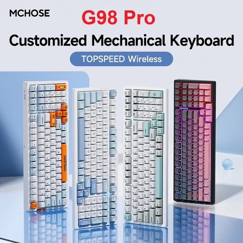 MCHOSE G98 Pro teclado mecánico personalizado 0,1 ms estructura de junta de baja latencia 8000mAh triodo BT 2,4g inalámbrico intercambiable en caliente