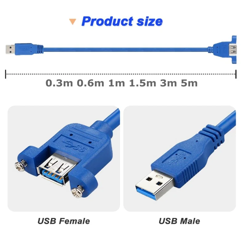 Cable de montaje en panel de extensión USB 3.0 SuperSpeed macho a hembra con tornillos para ordenadores, teléfonos móviles y impresoras