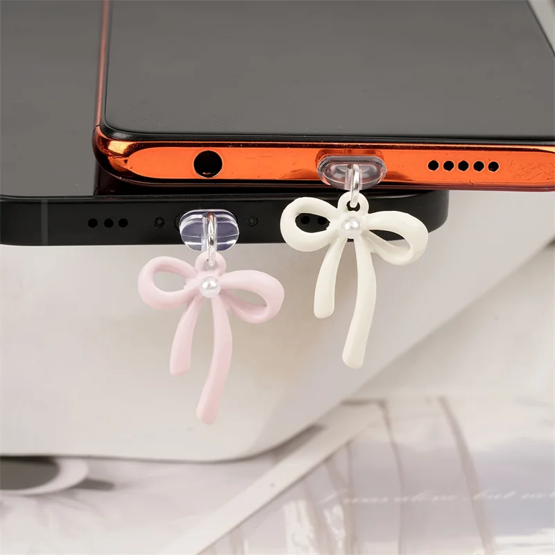 Coreano lindo Bowknot perla para teléfono tapa antipolvo enchufe de puerto de carga para iPhone Android tipo C tapón de protección contra el polvo accesorio