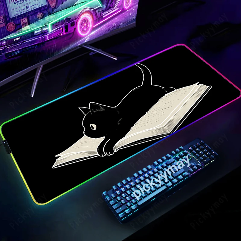 Alfombrilla de ratón RGB para juegos, alfombrillas de ratón de gato negro, alfombrillas LED grandes para jugadores, alfombrillas de teclado XXL, alfombrilla luminosa para escritorio, alfombrilla de ratón gris retroiluminada - imagen 3