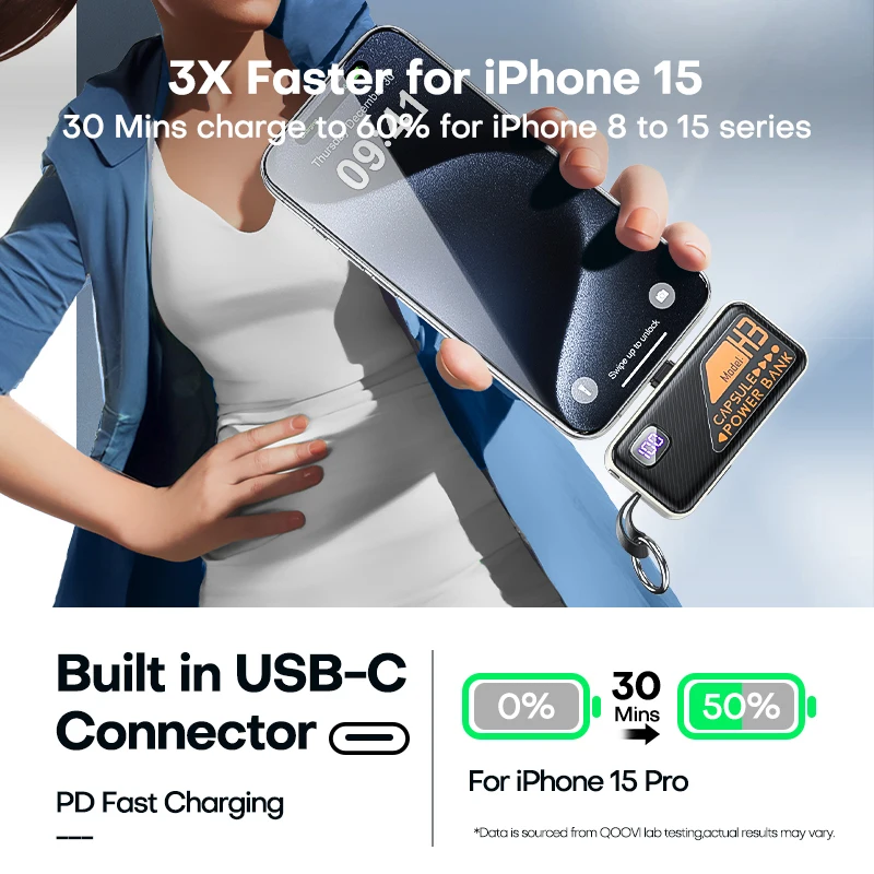 QOOVI Mini Powerbank 5000mAh PD 20W Cable Incorporado Carga Rápida - imagen 2