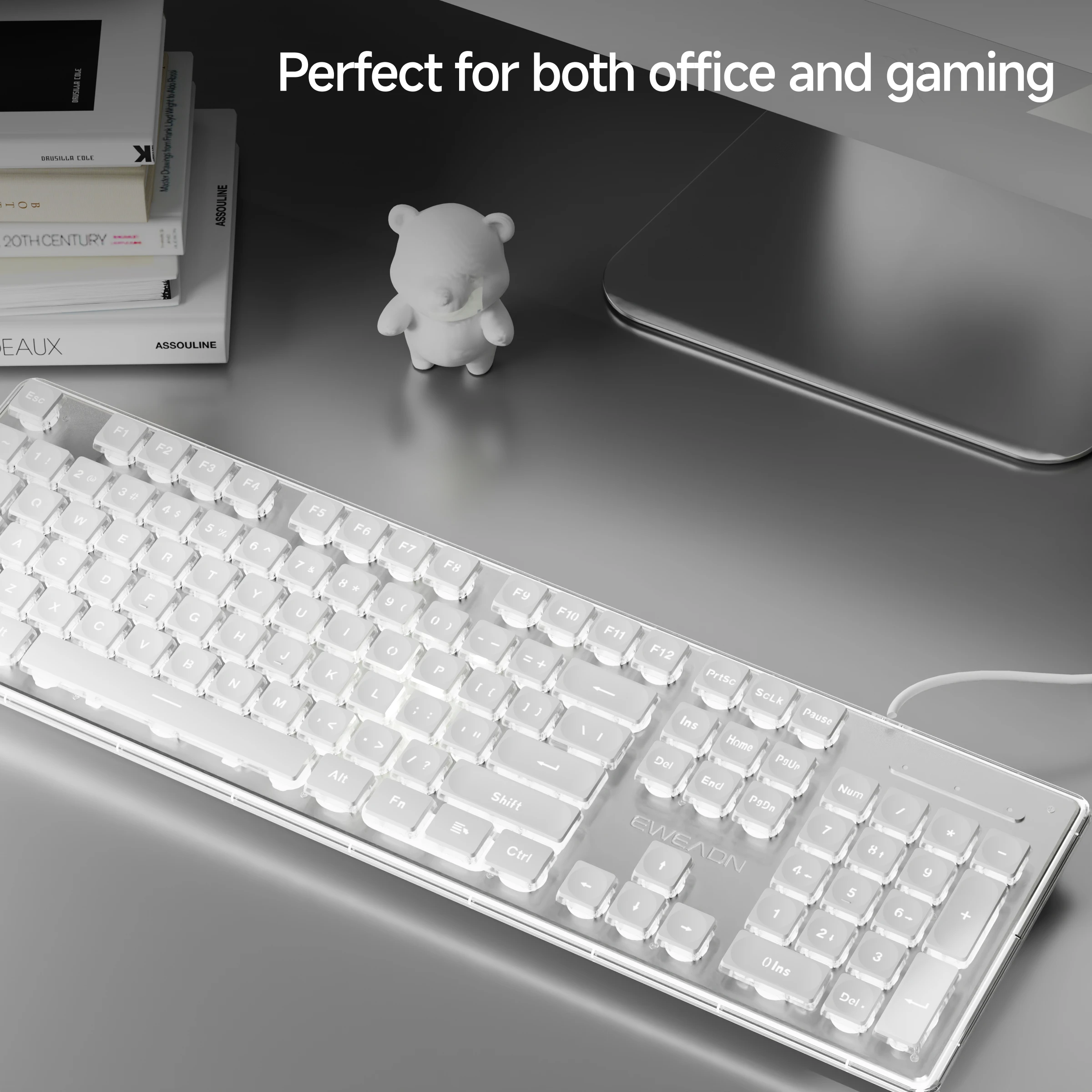 EWEADN Teclado silencioso de oficina con cable, retroiluminado blanco, USB de tamaño completo, panel totalmente metálico de 104 teclas, ergonómico, Windows/portátil/PC para juegos - imagen 5