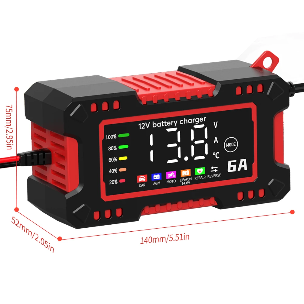 Cargador de batería de coche de 12V 6A, cargador de motocicletas eléctricas con pantalla Digital de 14,6 V 6A para reparación de batería inteligente AGM de plomo ácido LiFePO4 - imagen 5
