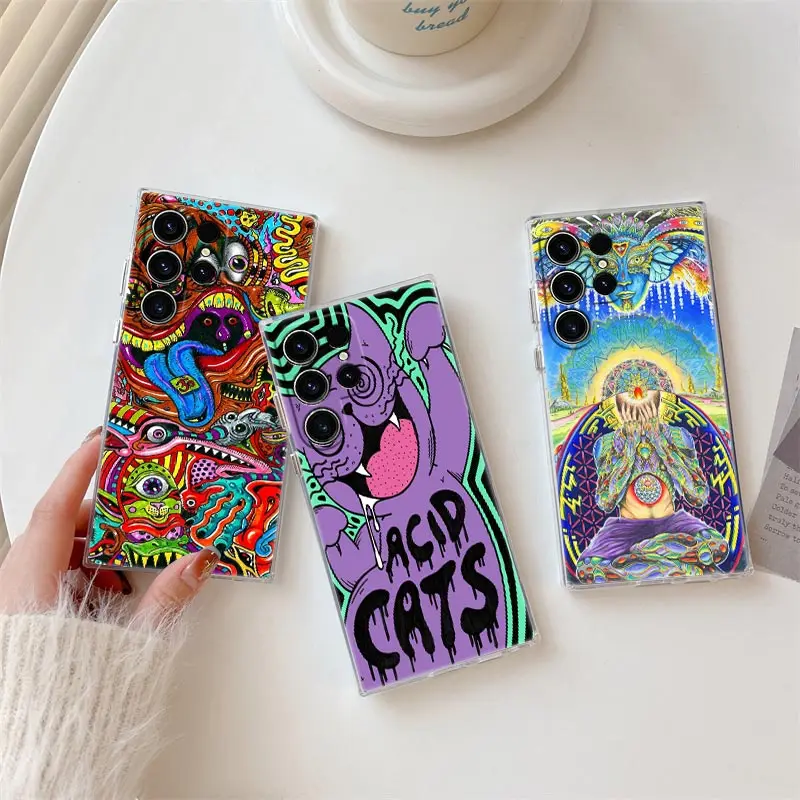 Funda de teléfono con pintura de arte psicodélico Trippy para Samsung S24 S23 Ultra S22 S20 Plus S21 FE, Funda transparente Galaxy S24Ultra