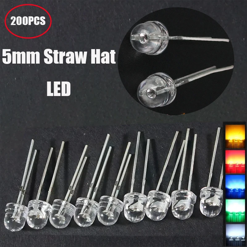 200 Uds diodo emisor de luz 5MM F5 sombrero de paja diodo LED azul verde rojo amarillo blanco Kit electrónico DIY