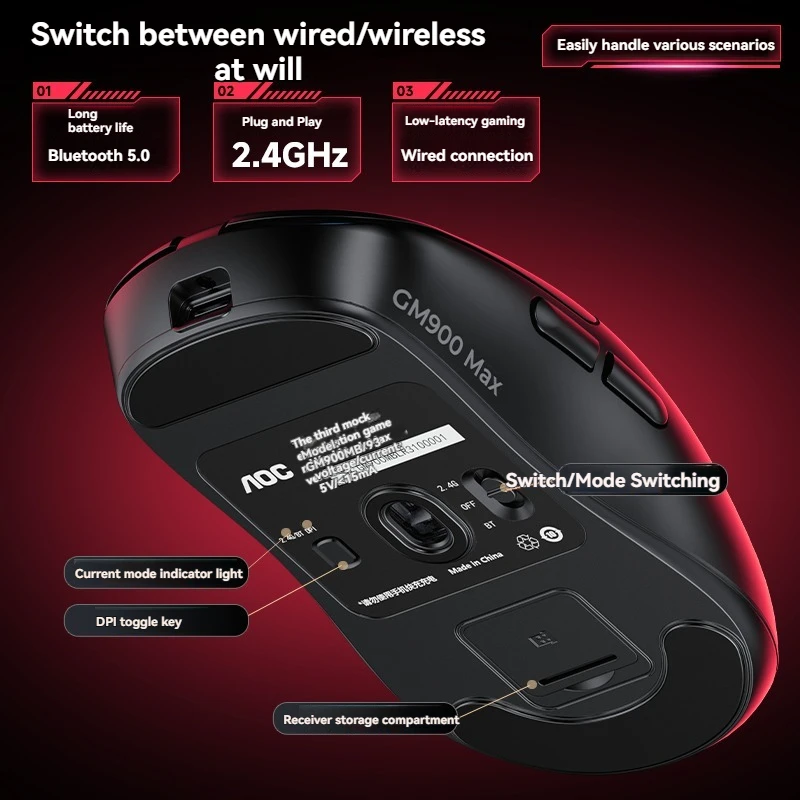 Ratón inalámbrico para juegos AOC GM900PRO, trimododo, 8khz, velocidad de orollamiento, Paw3395, para juegos Esports, ratón de oficina, ratón de programación Macro personalizado - imagen 4