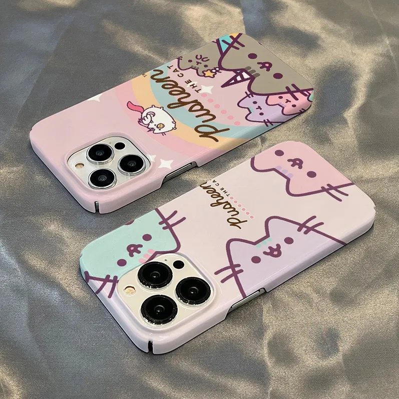 Donuts de dibujos animados Pusheen Cat funda de teléfono para iPhone 16 15 14 13 12 11 Pro Max XS XR XSMax 6 7 8 Plus cubierta dura HD brillante para PC
